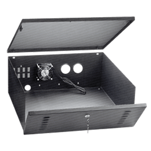 Metal security lock boxes in two sizes: COR-1819F for larger DVRS and COR-1818F for smaller DVRs