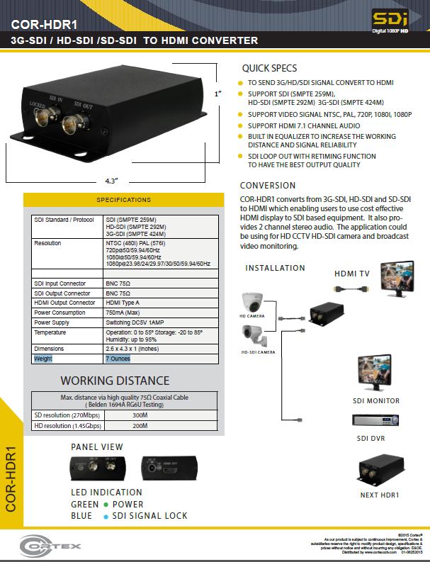 specifiation sheet download link for the COR-HDR1 Cortex Security quaility video baluns