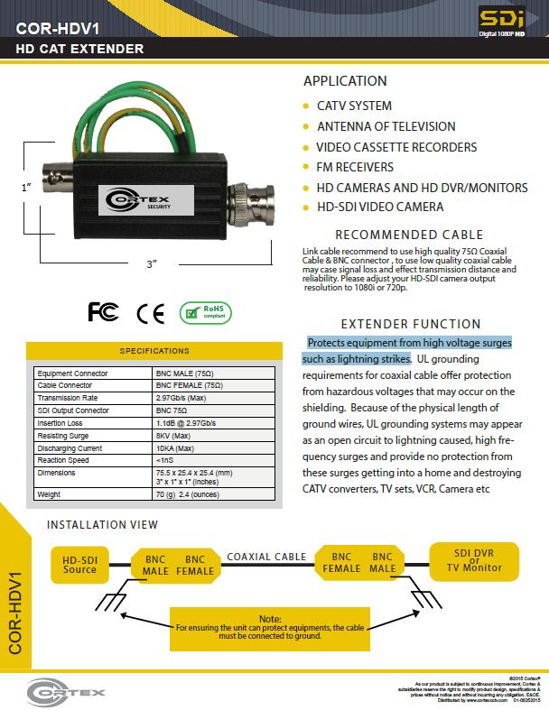 specifiation sheet download link for the COR-HDV1 Cortex Security quaility video baluns