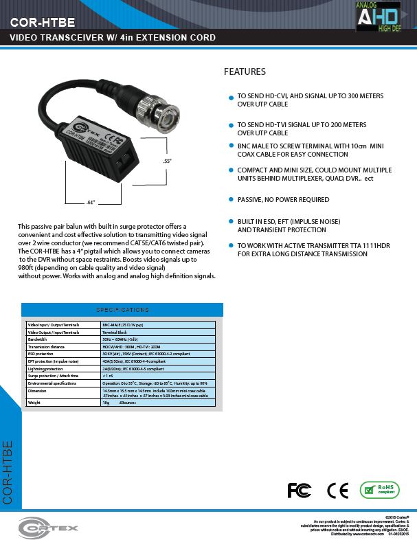 specifiation sheet download link for the COR-HTBE Cortex Security quaility video baluns