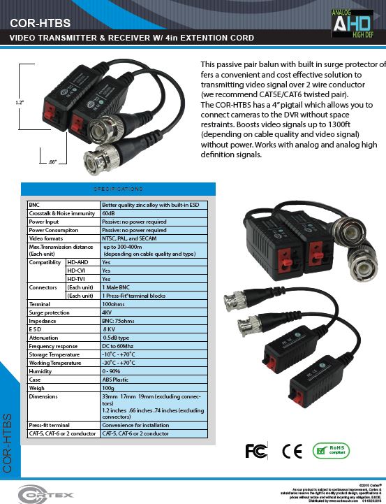 specifiation sheet download link for the COR-HTBS Cortex Security quaility video baluns