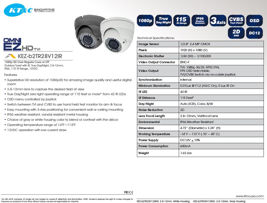 specifications for the KT-b2TR28V12IR 1080p Full HD Camera