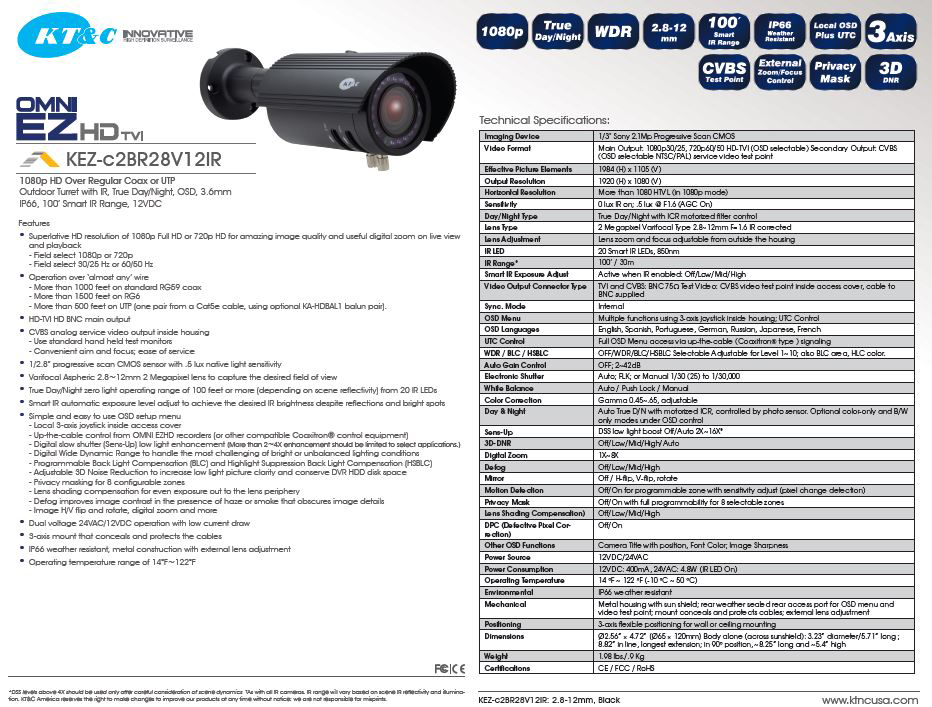 specifications for the KT-c2BR28V12IR 1080p Full HD Camera