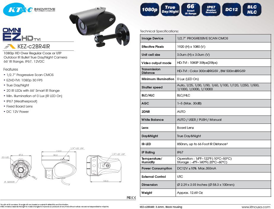 specifications for the KT-c2BR4IR 1080p Full HD Camera