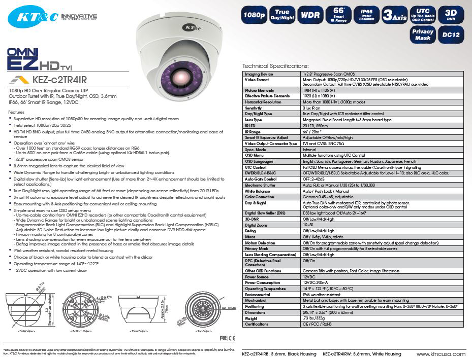 specifications for the KT-c2TR4IR 1080p Full HD Camera