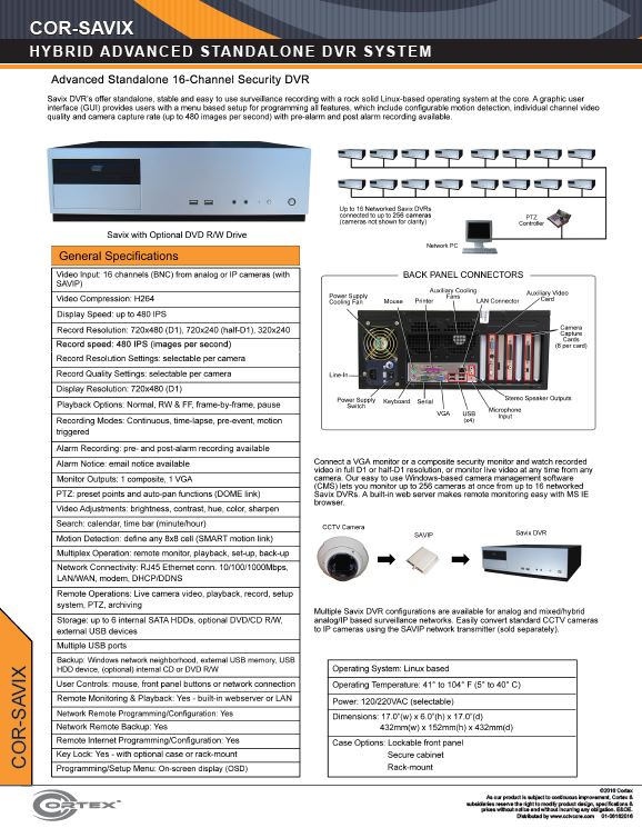 Specifications for Savix16 DVR