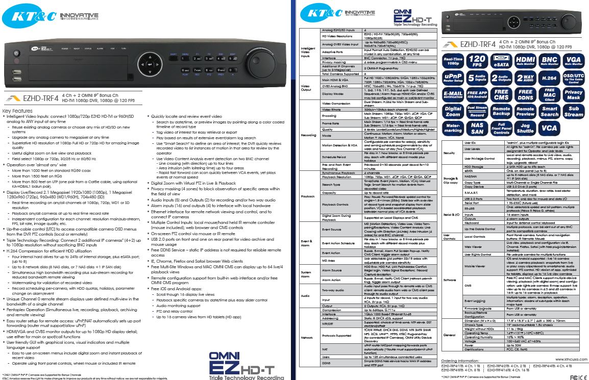 specifications for the KT-TRF4 1080p Full HD dvr