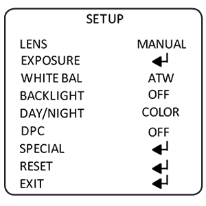 Presents a sub-menu that contains lens shutter settings, AGC, BRIGHTNESS and DVDR option