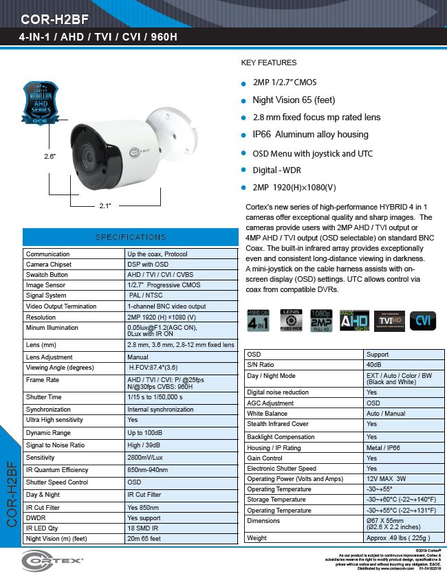 COR-H2BF 2MP Hybrid Cortex camera, This AHD Infrared Bullet Security Camera with 3.6mm fixed lens also TVI or CVI output selectable.