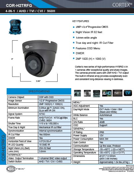 Gray model AHD,TVI,CVI camera, 2MP 1080p 30fps (NTSC)
