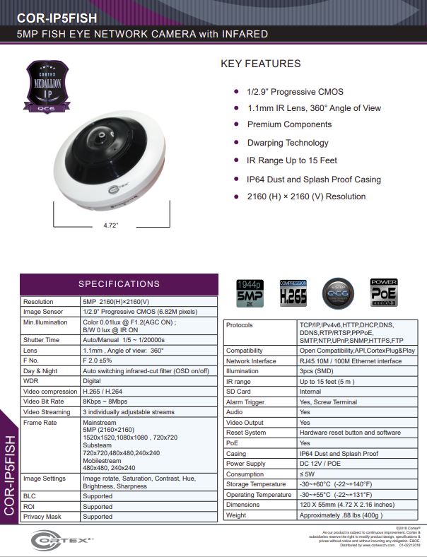 Medallion network camera,5MP IP Outdoor Fish Eye Network Camera with 360° panoramic view and PoE