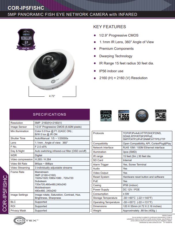 Medallion network camera,5MP IP Indoor Fish Eye Network Camera with 360° panoramic view and PoE