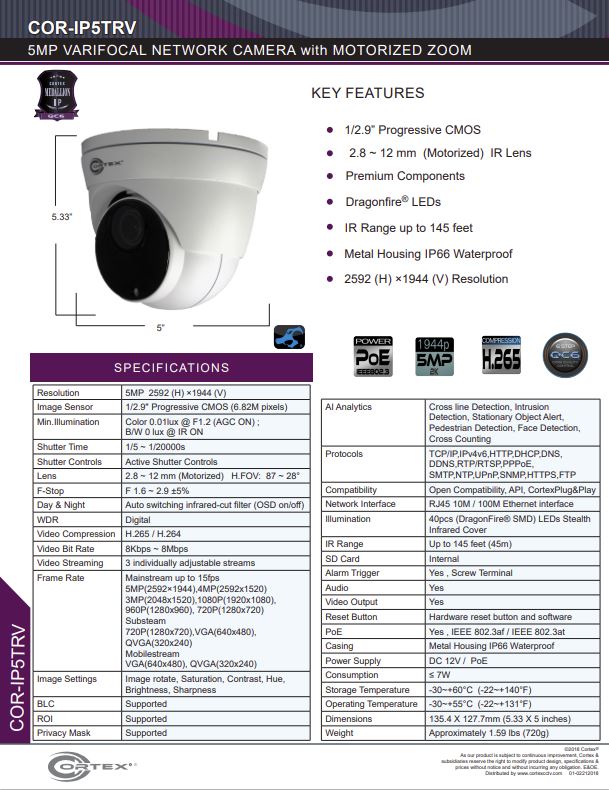 Medallion 5MP (4K) Outdoor Network Turret Camera with 2.8 ~ 12mm (Motorized) lens. 