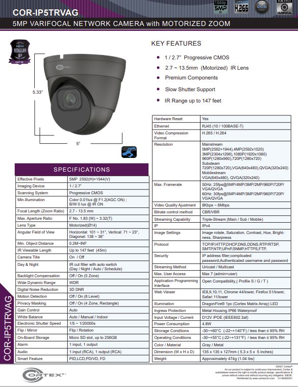 Medallion Gray Model 5MP (4K) Outdoor Network Turret Camera with 2.7 ~ 13.5mm (Motorized) lens