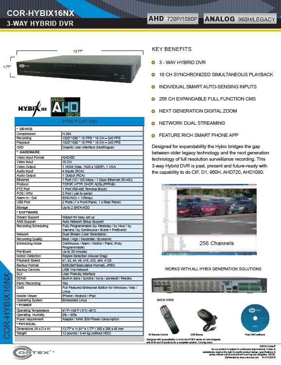 Specification image for the HYBIX16NX Cortex® 16 Channel 4-Way Hybrid 960H | AHD | 960H DVR