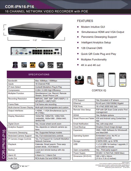 Specification image for the IPN16-P16 Cortex® 16ch Port 4K NVR with 16 PoE and H.265 network recorder