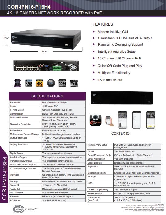 Specification image for the IPN16-P16H4 Cortex® Medallion 16 Port H.265 4K NVR with 16 PoE and 4 HDD Bays