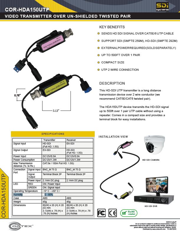 specifiation sheet download link for the COR-HDA150UTP Cortex Security quaility video baluns