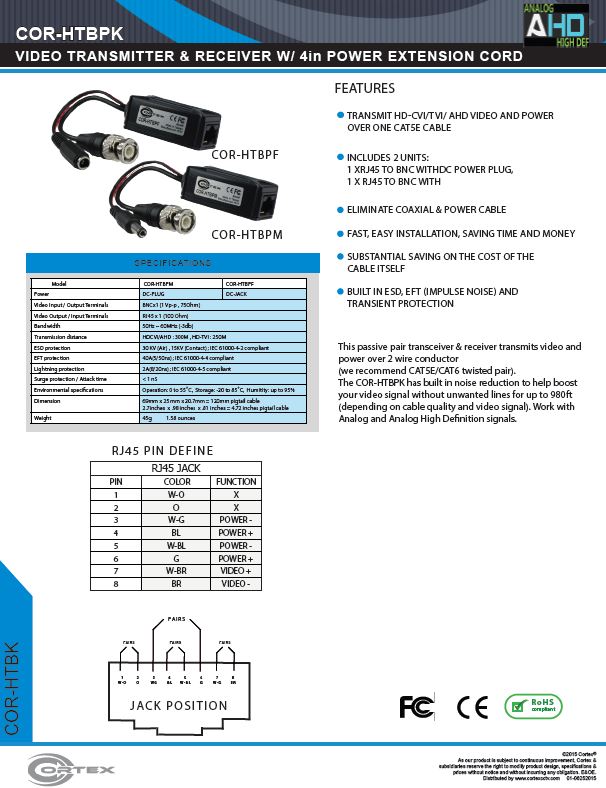 specifiation sheet download link for the COR-HTBPK Cortex Security quaility video baluns