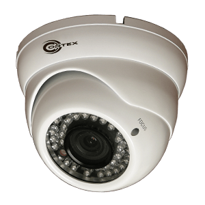 weatherproof outdoor turret camera has a large infrared array, an OSD menu, and provides 600-TV line res. video