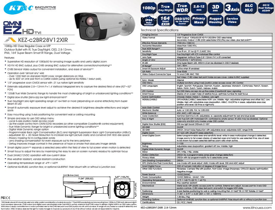 specifications for the KT-c2BR28V12XIR 1080p Full HD Camera
