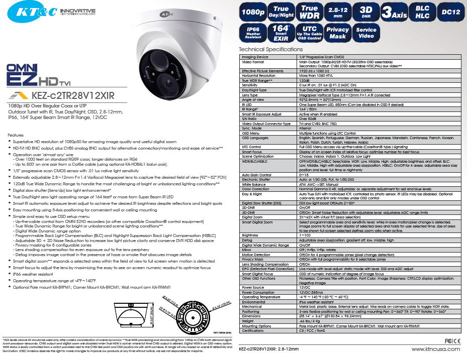 specifications for the KT-c2TR28V12XIR 1080p Full HD TVI Camera