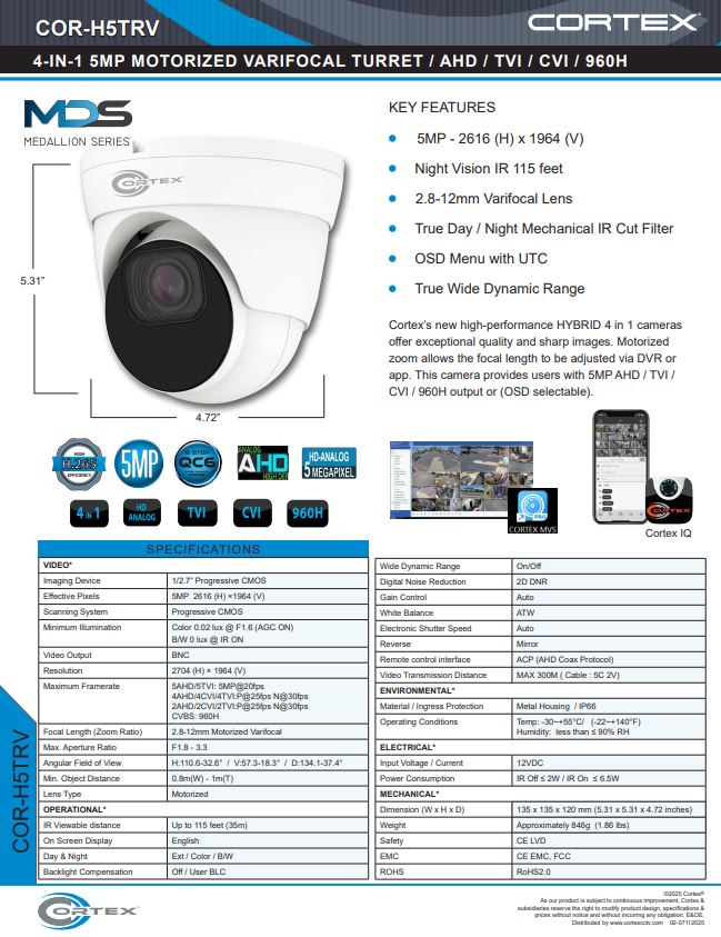 Medallion 5MP (4K) Outdoor Network Turret Camera with 2.8 ~ 12mm (Motorized) lens. 