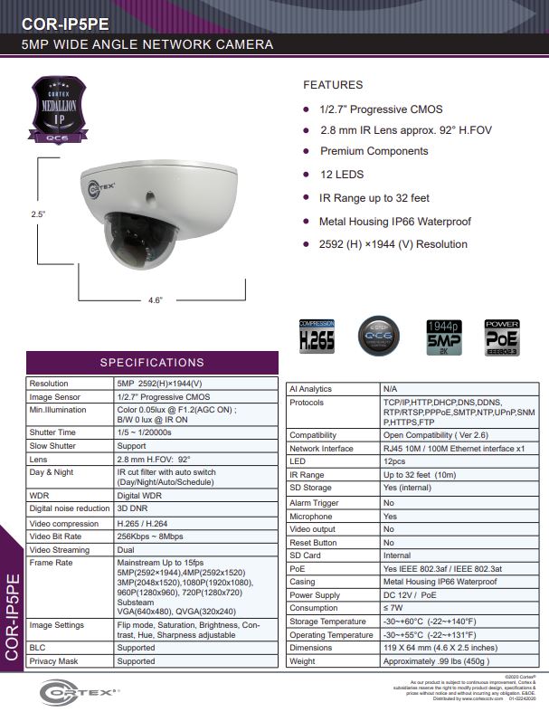 Medallion 5MP (4K) Outdoor Network Camera with fixed wide angle lens