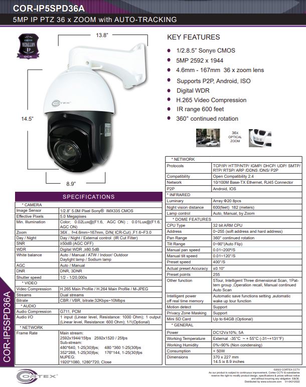 5MP Medallion network ptz camera with 5MP IP  4.7mm - 94mm 36x Zoom