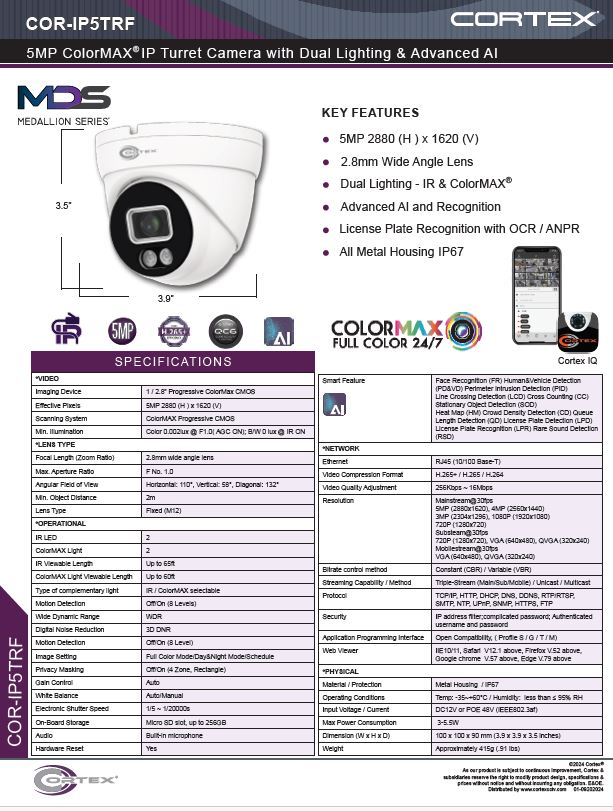 Medallion 5MP Network Turret Camera with IR and 2.8mm wide angle lens