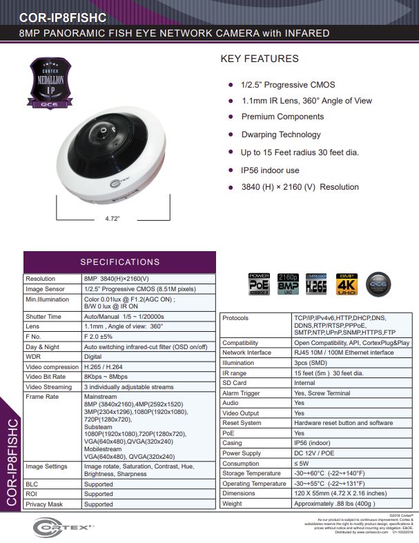 Medallion network camera,8MP IP Outdoor Fish Eye Network Camera with 360° panoramic view and PoE