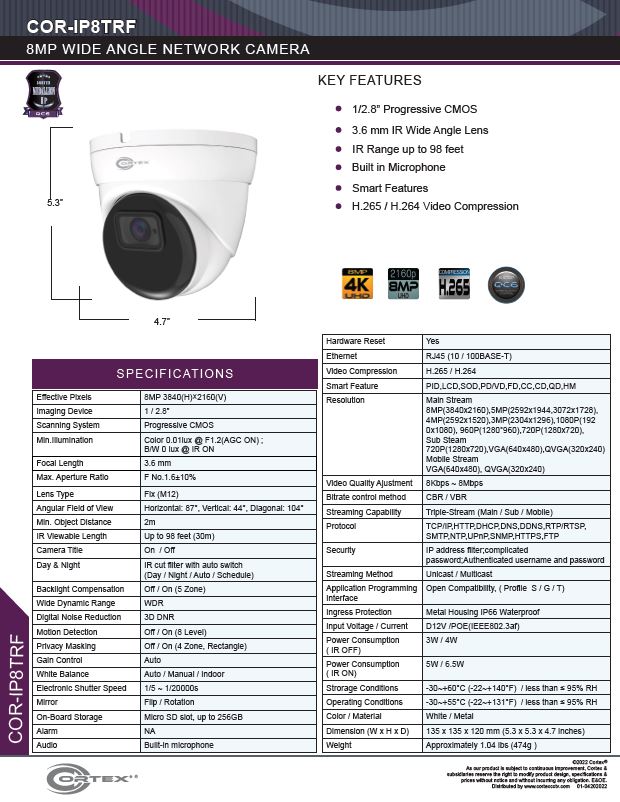 Medallion 8MP (4K) Outdoor Network camera with infrared 3.6mm fixed lens