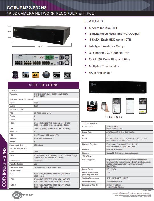 Specification image for the IPN32-P32H8 Cortex® Medallion 32 camera NVR with 8MP (4K) Recording resolution and 4 HDD Bays
