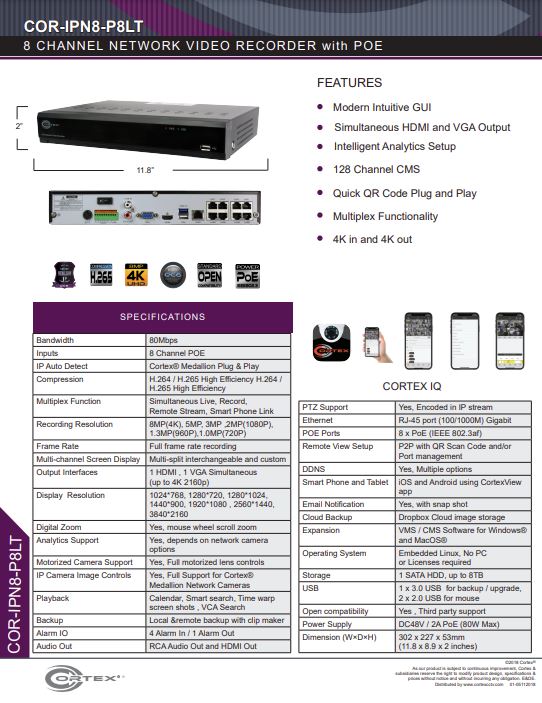 Specification image for the IPN8-P8LT Cortex® Medallion 8 Camera 8 PoE 4K NVR with H.265